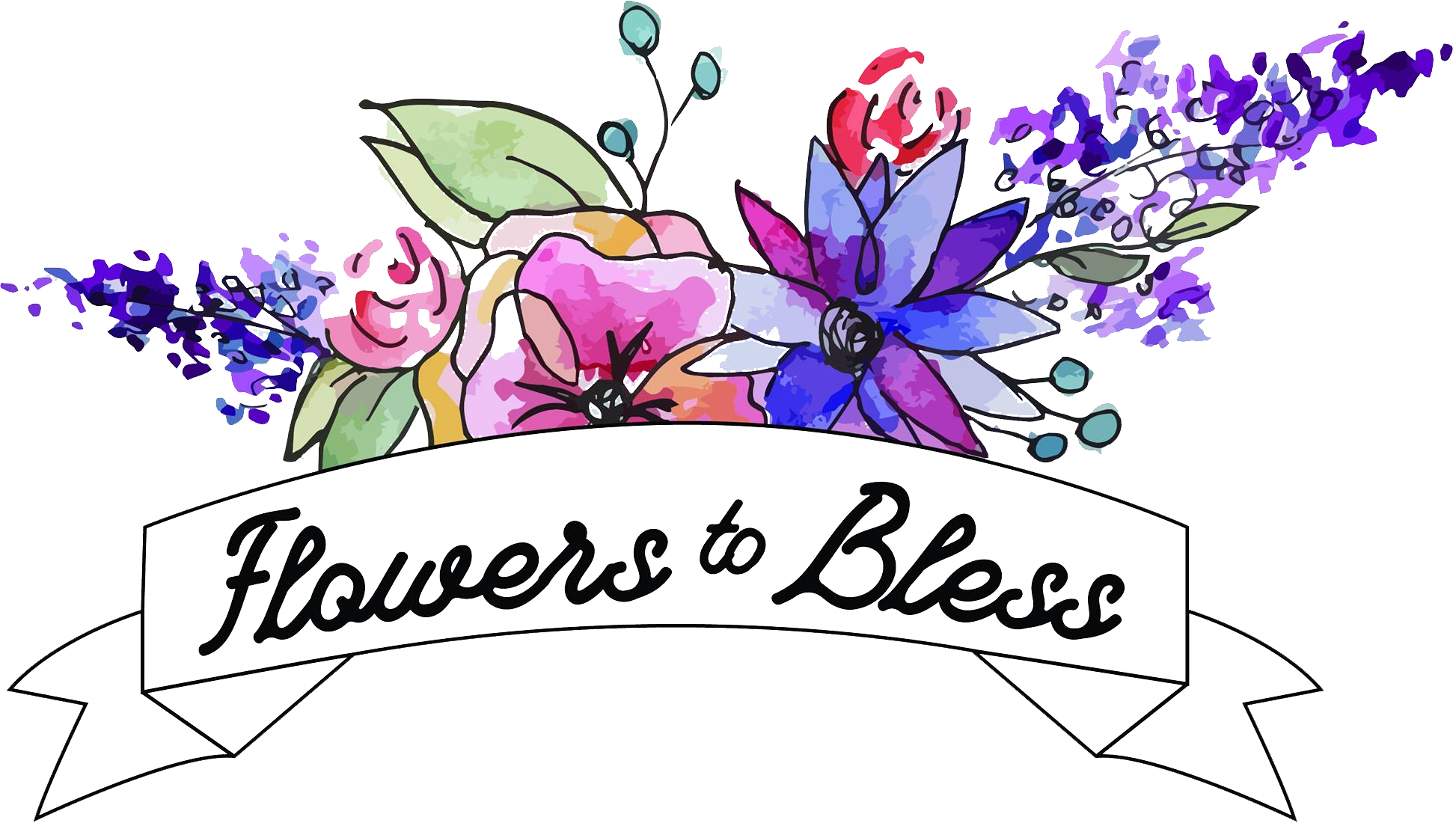 Colorful floral illustration featuring various flowers and greenery with a banner that reads "Flowers to Bless." Ideal for floral design, gardening, or gift-related content.